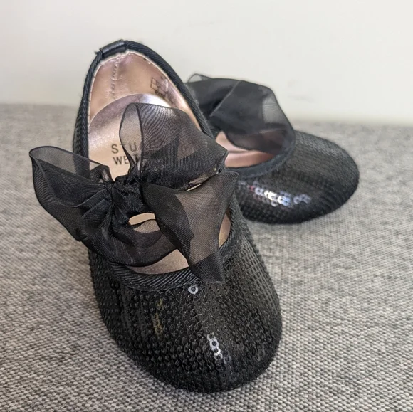 🆕 Stuart Weitzman Baby Bling Black Sparkly Sequin Shoes Organza Bow Size 3 - Picture 8 of 9